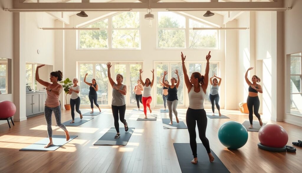 A sunny, welcoming fitness studio with a large, airy space. In the foreground, a diverse group of people perform a balanced routine of gentle stretches, core exercises, and low-impact cardio. The middle ground features simple, minimalist equipment like yoga mats, resistance bands, and exercise balls. The background depicts large windows flooding the room with natural light, creating a calming, inviting atmosphere. The overall scene conveys an approachable, beginner-friendly fitness environment that encourages a healthy, balanced lifestyle.