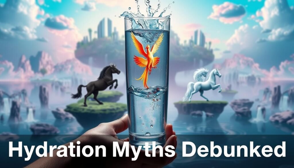 A surreal and visually striking illustration of "hydration myths debunked". In the foreground, a pair of hands hold an overflowing glass of water, symbolizing the abundance of hydration. In the middle ground, a series of mythical creatures - a minotaur, a phoenix, and a unicorn - represent the common misconceptions about hydration. The background features a dreamlike landscape with floating islands, cascading waterfalls, and a vibrant, ethereal sky. The lighting is soft and diffused, creating a sense of tranquility and clarity. The overall composition conveys the message of dispelling hydration myths through a fantastical, visually captivating depiction.
