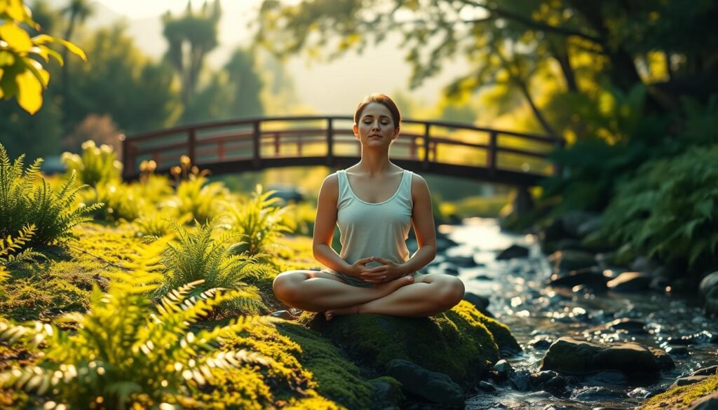 A tranquil garden setting with a person sitting cross-legged in a meditative pose, eyes closed, hands resting gently on their lap. The foreground features lush greenery, with ferns, moss-covered rocks, and a trickling stream. The middle ground shows a wooden bridge arching over the stream, leading to a secluded meditation area. The background depicts a hazy, soft-focus mountain range bathed in warm, diffused sunlight, creating a serene and calming atmosphere. The lighting is natural, with dappled shadows and highlights, conveying a sense of inner peace and mindfulness. The overall composition and tones evoke a feeling of mental clarity, emotional balance, and rejuvenation.
