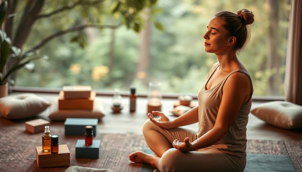 A tranquil scene of a person practicing various mind-body interventions for chronic pain relief. In the foreground, the individual is seated in a comfortable lotus position, eyes closed, hands resting gently on their lap. Soft, warm lighting illuminates their serene expression, conveying a sense of deep focus and inner calm. In the middle ground, scattered around the central figure, are various therapeutic tools such as yoga blocks, meditation cushions, and essential oil diffusers, hinting at the holistic nature of the practices. The background depicts a soothing natural environment, perhaps a lush garden or a serene forest, evoking a restorative atmosphere conducive to healing and well-being. The overall composition captures the harmony between the mind and body, as the subject engages in mindful, therapeutic techniques to alleviate chronic pain.