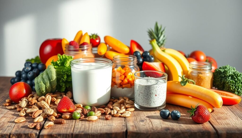 A vibrant, appetizing still life showcasing an array of healthy, colorful snacks arranged on a rustic wooden table. In the foreground, an assortment of fresh fruits, veggies, and nuts are neatly displayed, casting soft, natural shadows. In the middle ground, sleek glass jars filled with protein-rich Greek yogurt, chia pudding, and hummus add texture and depth. The background features a minimalist, airy backdrop, allowing the vibrant hues of the snacks to take center stage. Warm, diffused lighting from an unseen source illuminates the scene, creating a cozy, inviting atmosphere. The overall composition is balanced, highlighting the simplicity and nutritional value of these easy, weight-loss-friendly snack options.