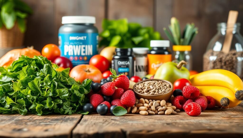 A vibrant still life capturing the essence of "Nutrition Tips for Your Fitness Journey". In the foreground, an assortment of fresh, colorful fruits and vegetables - crisp greens, juicy berries, crunchy nuts - arranged harmoniously on a rustic wooden table. In the middle ground, various health supplements and superfoods - protein powder, omega-3 capsules, chia seeds - suggesting the importance of balanced nutrition. The background softly blurred, allowing the primary subject to take center stage, illuminated by warm, natural lighting that casts a gentle glow over the scene. Evoking a sense of vitality, wellness, and a commitment to fueling the body for an active, healthy lifestyle.