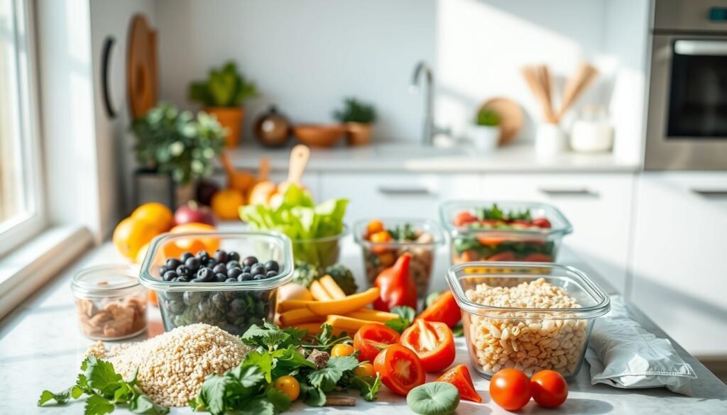 A vibrant, well-lit kitchen counter filled with an assortment of freshly prepared healthy meal components. In the foreground, an array of colorful, neatly arranged ingredients like fresh produce, grains, and lean proteins. In the middle ground, a few glass meal prep containers showcasing balanced, portioned meals. The background features a clean, minimalist kitchen setting with natural light streaming in, creating a warm, inviting atmosphere. The overall scene conveys a sense of organization, nutritious simplicity, and a commitment to wholesome, mindful eating.