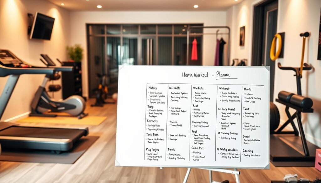 A well-equipped home gym with an array of exercise equipment, including a treadmill, exercise bike, free weights, resistance bands, and a yoga mat. The lighting is warm and inviting, casting a soft glow on the scene. The room has a minimalist, modern design with clean lines and neutral colors, creating a tranquil atmosphere conducive to a productive workout. In the foreground, a sleek, minimalist whiteboard displays a comprehensive home workout plan, detailing a variety of exercises targeting different muscle groups. The plan is organized and easy to follow, encouraging a balanced, full-body approach to fitness.
