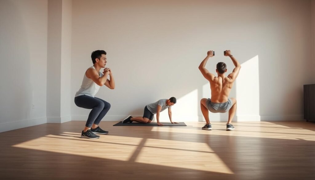 A well-lit, high-quality photograph of a minimalist home gym setting. In the foreground, a person performs a basic bodyweight squat, their form clear and correct. In the middle ground, a person does pushups on the floor, their back straight and core engaged. In the background, a person performs a simple seated overhead dumbbell press, their movement controlled and precise. The lighting is soft and natural, highlighting the clean lines and neutral tones of the space. The atmosphere is serene and focused, conveying the simplicity and effectiveness of these foundational strength exercises for beginners.