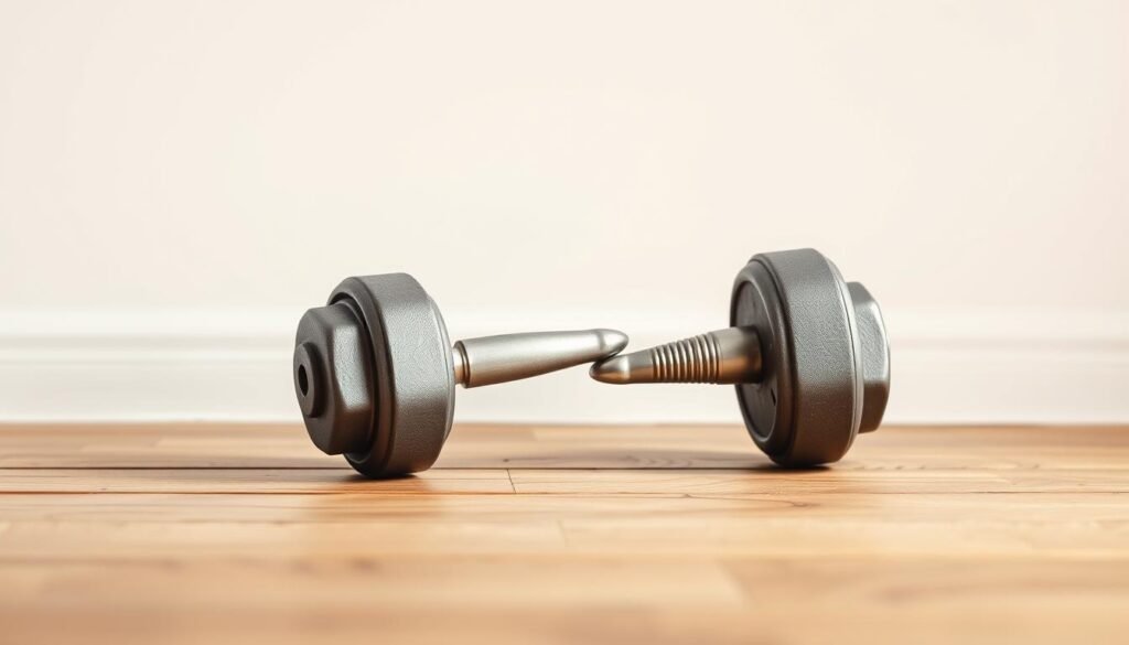 A well-lit, high-quality photograph of a pair of cast iron dumbbells resting on a wooden floor against a simple white background. The dumbbells are arranged to highlight their classic, no-frills design, showcasing their sturdy construction and polished metal finish. Soft, diffused lighting creates a warm, inviting atmosphere, emphasizing the simplicity and timelessness of this essential home workout equipment. The camera is positioned at a slight angle, capturing the dumbbells in a natural, organic composition that showcases their form and function.
