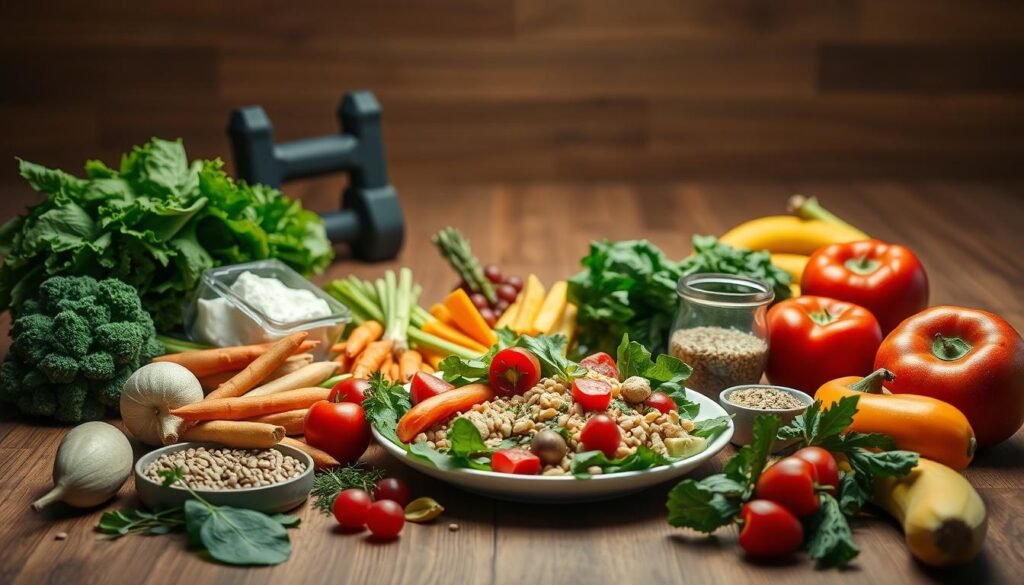 A well-lit, high-quality studio photograph capturing the fundamentals of fitness nutrition. In the foreground, an assortment of healthy ingredients such as fresh vegetables, lean proteins, whole grains, and vibrant fruits are artfully arranged on a wooden table. The middle ground features a nutritious meal prepped with these ingredients, showcasing balanced proportions and appealing presentation. In the background, simple exercise equipment like dumbbells and a yoga mat hint at the connection between nutrition and overall fitness. The lighting is soft and flattering, with a sense of warmth and approachability. The overall mood is educational yet inspiring, guiding the viewer towards a healthier lifestyle.