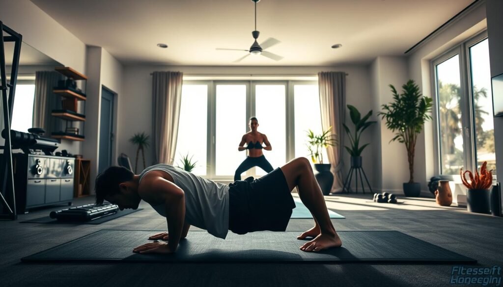 A well-lit home gym filled with a variety of bodyweight exercise equipment, showcasing exercises like push-ups, squats, lunges, and planks. The foreground features a person performing a push-up with proper form, muscles engaged, against a backdrop of sleek, modern home gym decor. The middle ground includes a person doing a squat, their silhouette casting a strong shadow. In the background, a person holds a plank position, their toned physique illuminated by natural lighting streaming through large windows. The overall atmosphere conveys a sense of fitness, strength, and the versatility of bodyweight training within a stylish, minimalist home environment.