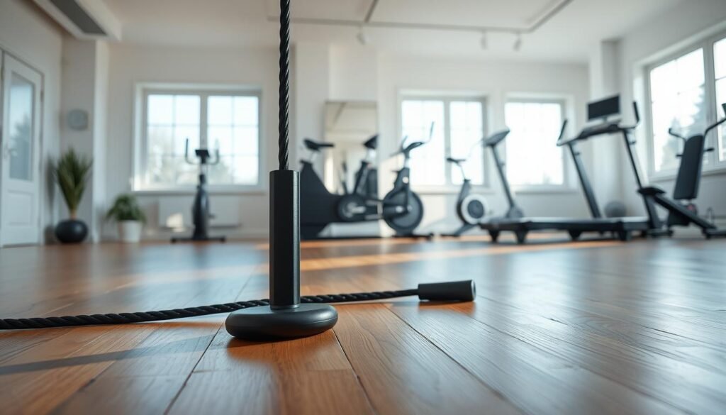 A well-lit home gym interior, with a sleek jump rope prominently displayed in the foreground. The rope casts dynamic shadows on the hardwood floor, conveying a sense of movement and energy. In the middle ground, a selection of high-quality, modern exercise machines, including a stationary bike and a treadmill, arranged in a clean, minimalist layout. The background features large windows, allowing natural light to flood the space and create a bright, airy atmosphere. The overall scene radiates a sense of focus, efficiency, and the pursuit of a healthy, active lifestyle.