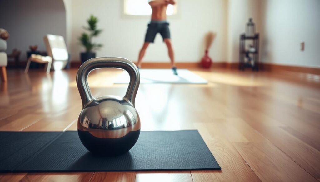 A well-lit home gym setting with a glossy hardwood floor. In the foreground, a sturdy kettlebell rests on a non-slip yoga mat, its metallic sheen reflecting the natural lighting. In the middle ground, a person stands poised, mid-swing, demonstrating a classic kettlebell exercise. Their form is precise, muscles engaged, conveying the functional strength and control of this full-body workout. The background features simple, minimalist decor - perhaps a few plants or a neutral-toned wall - allowing the focus to remain on the kettlebell and the exercising individual. The overall mood is one of focused intensity, highlighting the effectiveness of this versatile piece of home gym equipment.