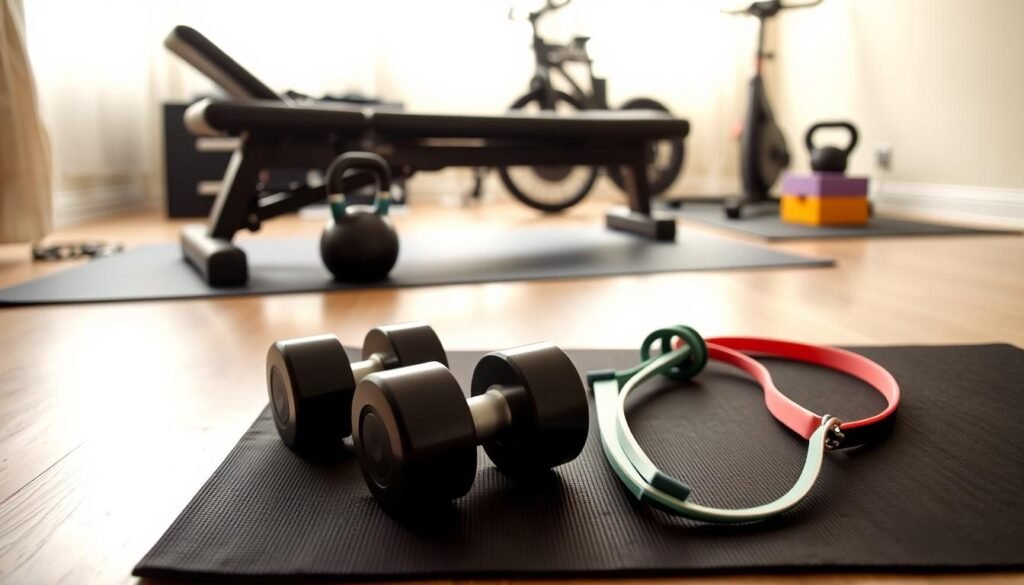 A well-lit home gym setting with a variety of essential workout equipment neatly arranged. In the foreground, a sleek black exercise mat, a pair of dumbbells, and a resistance band. In the middle ground, a sturdy exercise bench and a kettlebell. In the background, a stationary bike and a yoga block. The lighting is soft and diffused, creating a warm, inviting atmosphere. The overall composition is balanced and visually appealing, showcasing the key elements for an effective home workout routine.