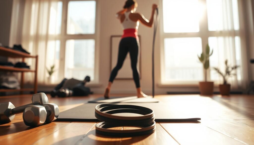 A well-lit home gym setting, with a variety of fitness equipment neatly arranged: sleek dumbbells, a sturdy yoga mat, and a resistance band coiled on a wooden floor. Sunlight streams in through large windows, casting a warm, inviting glow. In the middle ground, a person is performing a stretch or simple exercise, their silhouette capturing the essence of a focused, at-home workout. The background features minimalist decor, perhaps a plant or motivational artwork, creating a calming, productive atmosphere. The overall scene conveys a sense of achievable, approachable fitness that can be incorporated into one's daily life.
