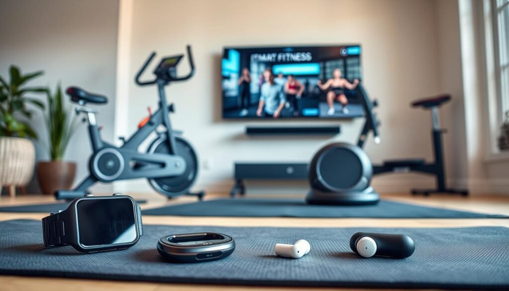 A well-lit home gym setting with a variety of modern fitness technology tools prominently displayed. In the foreground, a sleek smartwatch, wireless earbuds, and a heart rate monitor lie on a yoga mat. In the middle ground, a state-of-the-art exercise bike and a smart resistance training system stand ready for use. The background showcases a large flat-screen TV mounted on the wall, displaying an immersive virtual fitness class. The scene conveys a sense of technological integration and seamless home fitness experience.