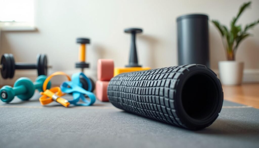 A well-lit home gym setup with a high-quality foam roller prominently displayed in the foreground. The roller has a textured surface and a cylindrical shape, resting on a soft exercise mat. In the middle ground, essential workout equipment like dumbbells, resistance bands, and a yoga block are neatly arranged, suggesting a personalized and organized fitness space. The background features a clean, minimalist wall with a neutral color scheme, creating a calming, focused atmosphere for the home workout essentials.