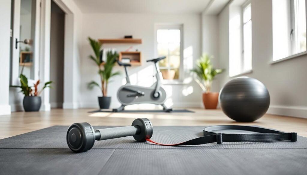 A well-lit home gym with a neutral color palette, featuring a slate gray exercise mat, a pair of adjustable dumbbells, a resistance band, and a sturdy exercise ball in the foreground. In the middle ground, a sleek, modern exercise bike stands ready for a cardio session. The background showcases large windows letting in natural light, with a potted plant and a minimalist wall-mounted shelving unit displaying a few essential workout accessories. The overall atmosphere conveys a sense of simplicity, functionality, and a dedication to personal fitness in the comfort of one's own home.