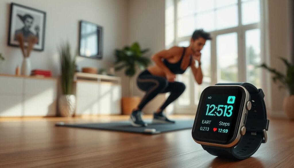 A well-lit home gym with a sleek fitness tracker display in the foreground, showcasing heart rate, steps, and workout progress data. In the middle ground, a person in athletic wear performing a squat or push-up, their movement captured in a dynamic pose. The background features minimalist home decor, with natural lighting streaming through large windows, creating a serene, motivational atmosphere for a home fitness journey.
