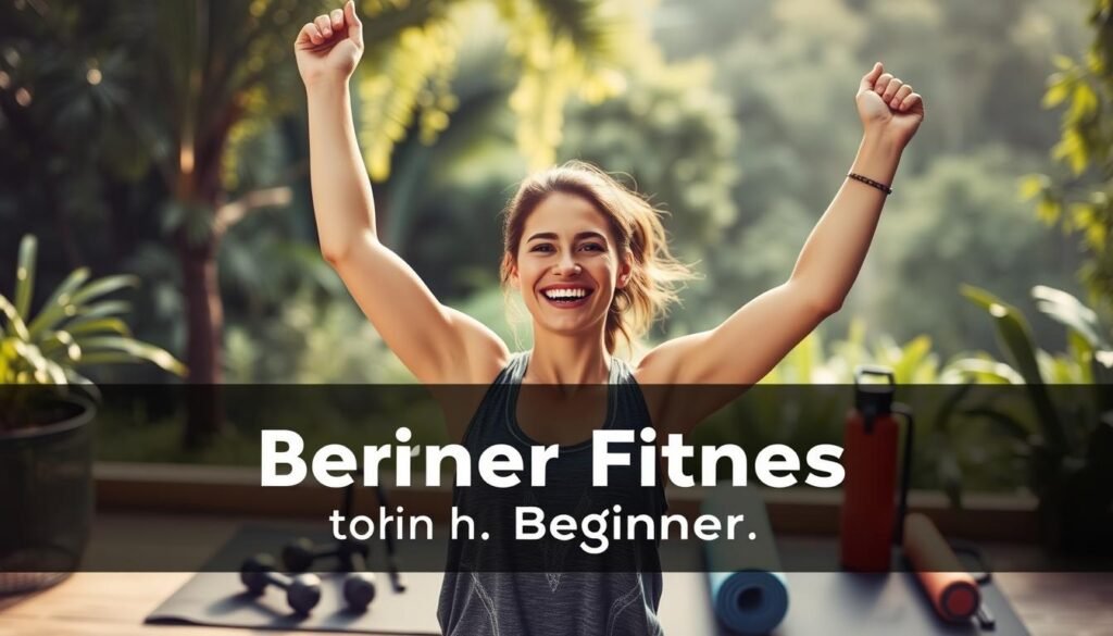 A well-lit, inspirational image of a beginner fitness enthusiast smiling and celebrating their success. In the foreground, the person is standing with arms raised, a sense of pride and accomplishment radiating from their expression. The middle ground features fitness equipment like dumbbells, a yoga mat, and a water bottle, symbolizing their dedication to their fitness journey. The background is a serene, natural setting with lush greenery and soft, diffused lighting, creating a calming and uplifting atmosphere. The overall tone is one of motivation, positivity, and the rewarding feeling of achieving one's fitness goals as a beginner.
