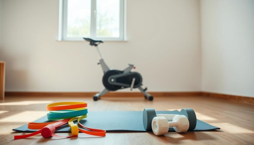 A well-lit, minimalist home gym setting showcases a neatly arranged selection of essential workout equipment. In the foreground, a sturdy yet sleek exercise mat, a set of color-coded resistance bands, and a pair of lightweight dumbbells sit in an organized manner. In the middle ground, a compact foldable exercise bike stands ready, its modern design complementing the overall aesthetic. The background features a simple, clean-lined wall with a large window, allowing natural light to flood the space and create a sense of openness and invigoration. The overall atmosphere conveys a welcoming, functional, and approachable environment for beginner-friendly home workouts.