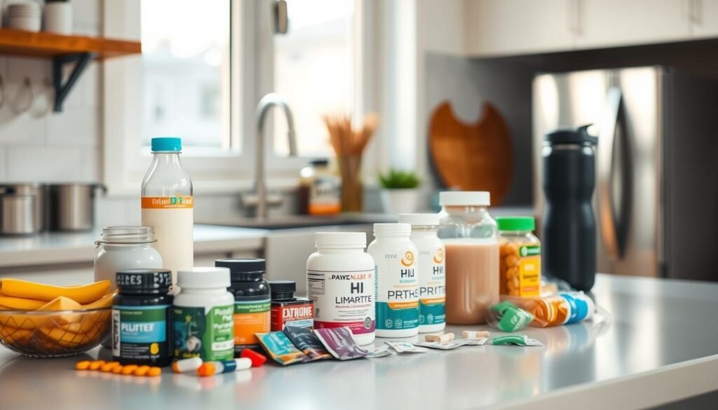 A well-lit, minimalistic kitchen counter featuring an array of healthy snacks, protein shakes, and reusable water bottles. In the foreground, a neatly organized collection of fitness supplements, vitamins, and electrolyte tablets against a soft, blurred background. The lighting is natural, with warm tones from a nearby window creating a cozy, inviting atmosphere. The overall composition emphasizes the importance of proper nutrition and hydration for an effective home workout routine.
