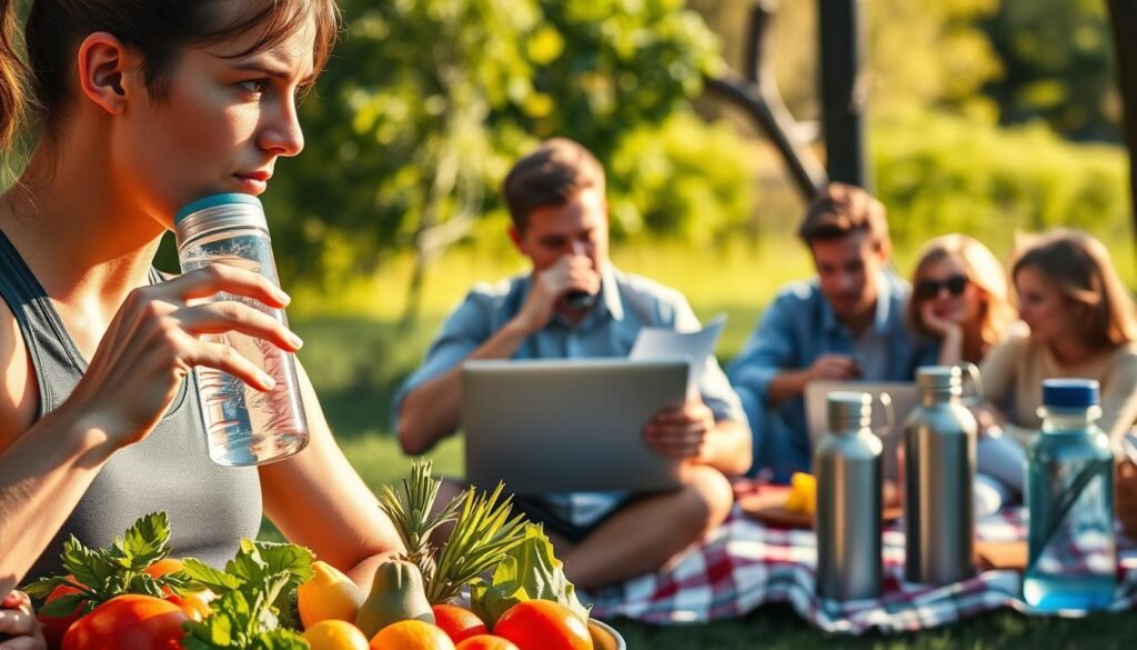 A well-lit, photorealistic scene depicting various hydration strategies tailored for different lifestyles. In the foreground, a person in athletic wear drinking from a reusable water bottle, surrounded by fresh fruits and vegetables. The middle ground showcases a busy office worker sipping from a sleek metal tumbler, with a laptop and papers in the background. In the distance, a family enjoying a picnic, with a thermos and water jugs by their side. Warm, natural lighting illuminates the scene, creating a sense of balance and harmony between the diverse hydration methods. The overall impression conveys the importance of personalized, sustainable hydration practices for optimal mental and physical well-being.