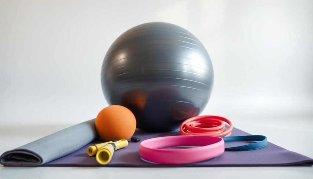 A well-lit, professional studio shot of affordable home fitness tools, including a stability ball, yoga mat, and resistance bands, arranged in a natural and visually appealing composition. The stability ball takes center stage, surrounded by the other equipment in the foreground, with a clean and minimalist background that emphasizes the products. The lighting is soft and diffused, creating a warm and inviting atmosphere, highlighting the textures and colors of the various fitness tools. The camera angle is slightly elevated, providing a dynamic and engaging perspective that showcases the versatility and practicality of these essential at-home workout items.