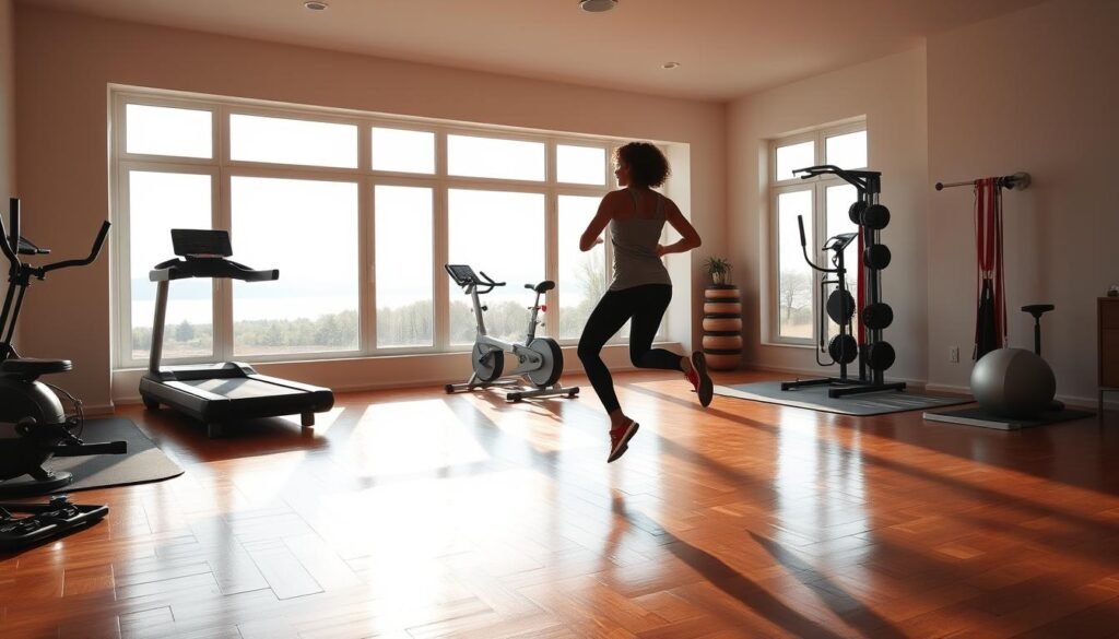 A well-lit, spacious home gym filled with various fitness equipment. In the foreground, a person performs high-intensity cardio exercises like jumping jacks and high knees, their silhouette casting dynamic shadows across the polished wooden floor. The middle ground features a treadmill, exercise bike, and resistance bands, all arranged in a practical, minimalist layout. The background showcases large windows offering a tranquil outdoor view, bathing the scene in warm, natural lighting. The overall atmosphere is one of focused, energetic movement coupled with a sense of domestic comfort and serenity.
