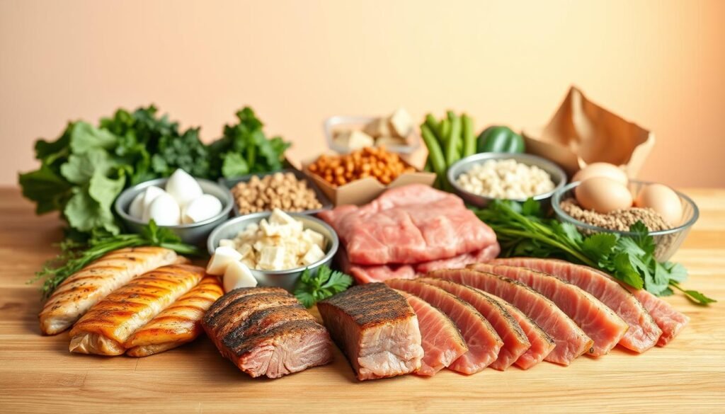A well-lit studio shot of an assortment of healthy protein sources for meal prep, arranged neatly on a wooden surface. In the foreground, a variety of lean meats like grilled chicken breasts, pan-seared salmon fillets, and grass-fed beef tenderloin slices. In the middle ground, a selection of plant-based proteins such as tofu, tempeh, and lentils, along with hard-boiled eggs. The background features a clean, uncluttered backdrop, allowing the food items to take center stage. Warm, natural lighting casts a soft glow, showcasing the vibrant colors and textures of the healthy, high-protein ingredients.
