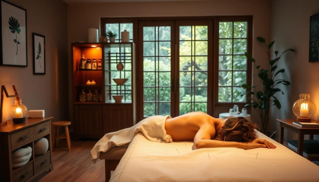 An acupuncture clinic interior with a serene, holistic atmosphere. In the foreground, a patient lying on a treatment table, needles inserted into their body for pain management. Warm, diffused lighting casts a soothing glow, creating a tranquil ambiance. The middle ground features a traditional Chinese medicine cabinet, its shelves displaying jars of herbs and acupuncture supplies. In the background, a large window overlooks a lush, peaceful garden, adding to the sense of harmony and connection with nature. The overall scene conveys the integrative, wellness-focused approach of acupuncture as a holistic therapy.
