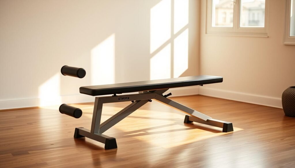 An adjustable weight bench crafted from sturdy, high-quality materials, bathed in warm, natural lighting that highlights its sleek, modern design. The bench's incline and decline settings are clearly visible, showcasing its versatility for a range of home workouts. The minimalist, neutral-toned frame seamlessly blends into a serene, uncluttered home gym environment, complemented by a hardwood floor and clean, airy atmosphere. The bench's adjustable features and compact footprint make it an essential, multi-purpose investment for the modern fitness enthusiast's at-home setup.