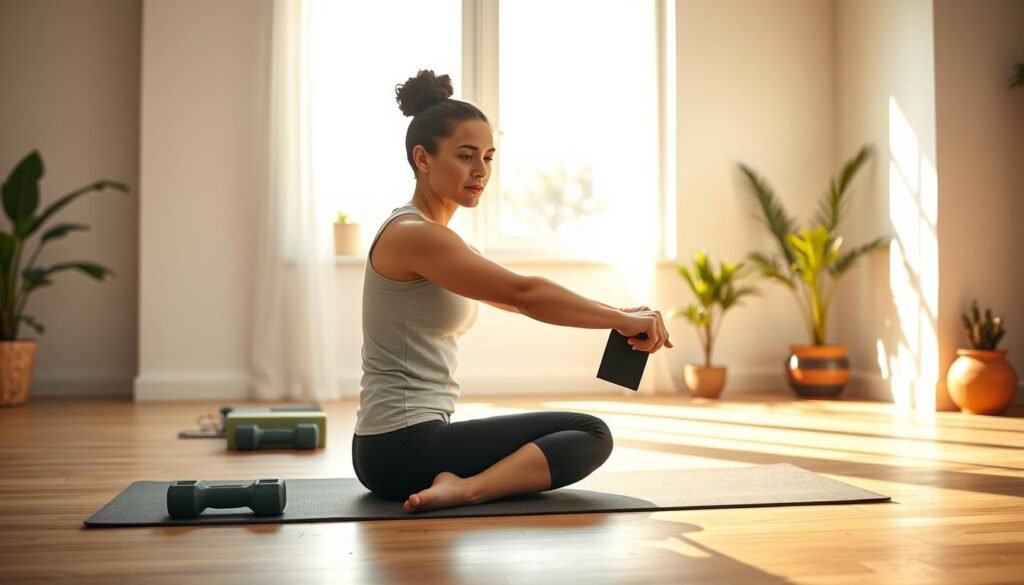 An airy, sun-dappled room with gentle natural lighting. In the foreground, a person sits on a yoga mat, performing a simple stretch, their expression serene and focused. Behind them, a few essential exercise props - a resistance band, a lightweight dumbbell, and a yoga block - are neatly arranged, conveying a sense of approachability and accessibility. The middle ground features a large window, allowing warm, soft light to flood the space, creating a calming, inviting atmosphere. In the background, a few potted plants and a minimalist, uncluttered decor suggest a tranquil, beginner-friendly environment conducive to easy, accessible workouts.