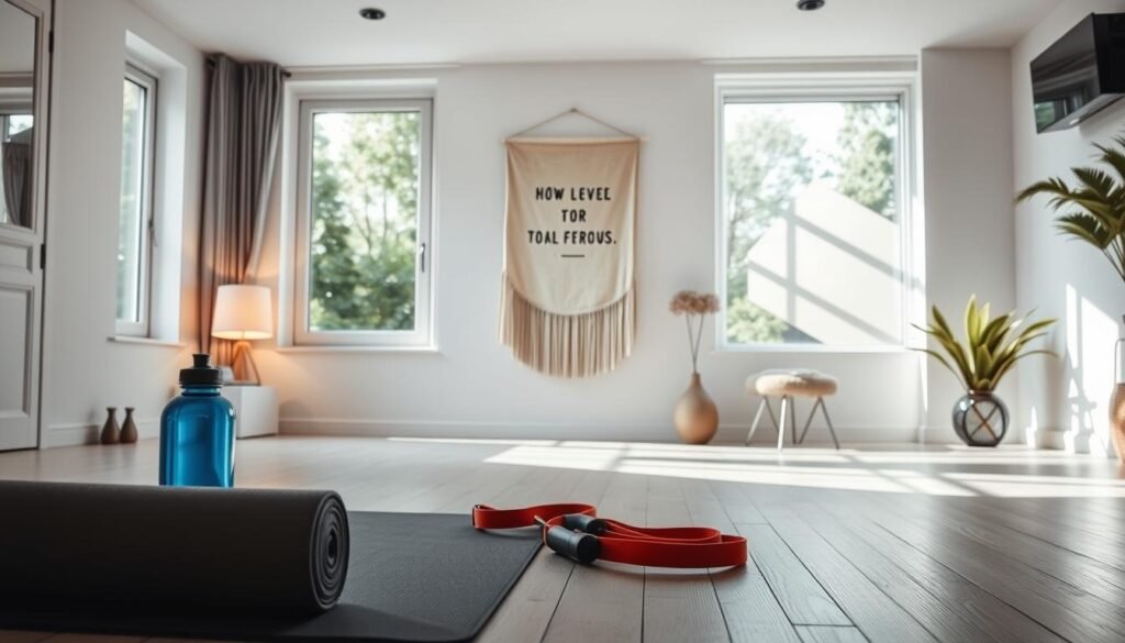 An elegant home workout studio filled with natural light, a serene atmosphere, and motivational elements. In the foreground, a yoga mat, resistance bands, and water bottles are neatly arranged, inviting the viewer to engage in a mindful exercise session. The middle ground showcases a large window with a view of lush greenery, creating a sense of connection to the outdoors. The background features a minimalist wall hanging with an inspiring quote or mantra, casting a warm, encouraging glow throughout the space. The overall lighting is soft and diffused, lending a calming, motivational ambiance to the scene.