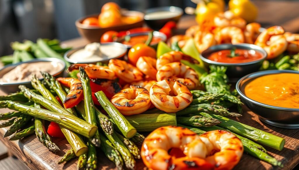 BBQ appetizers with grilled vegetables and shrimp