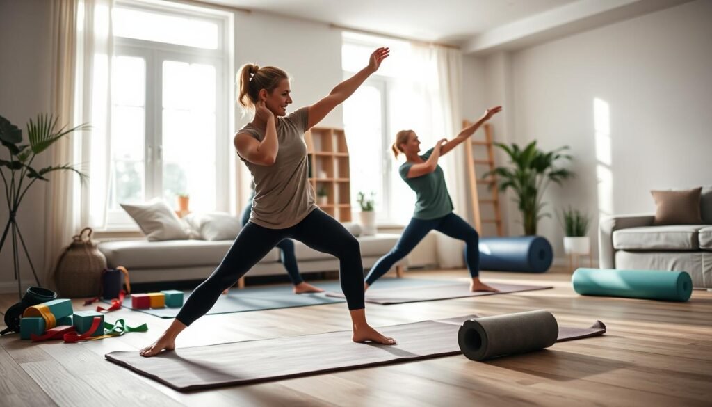 Convenient exercise programs stretching routines in a serene home setting. In the foreground, a person performs a series of dynamic stretches on a soft mat, their movements graceful and intentional. The middle ground showcases various exercise equipment like resistance bands, yoga blocks, and a foam roller, arranged in an organized manner. The background features a cozy, well-lit room with large windows allowing natural light to filter in, creating a calming, therapeutic atmosphere. The lighting is soft and diffused, emphasizing the tranquility of the scene. The camera angle is slightly elevated, capturing the subject in a three-quarter view, highlighting the fluid motions of the stretching routine.