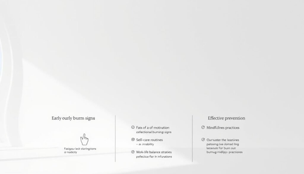 Detailed infographic on a sleek white background, featuring elegant typography and minimalist icons. The foreground showcases key early burnout warning signs: fatigue, lack of motivation, irritability. The middle ground visualizes effective prevention strategies: self-care routines, work-life balance, mindfulness practices. The background subtly depicts a calming natural landscape, evoking a sense of serenity and rejuvenation. Crisp, high-quality rendering with soft, diffused lighting. A clean, modern aesthetic that conveys the importance of recognizing and addressing burnout in its early stages.