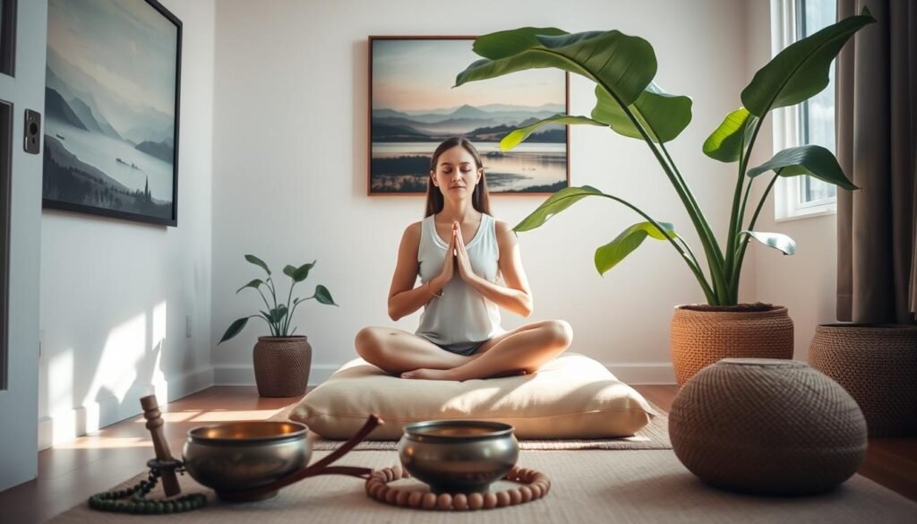 Serene meditation corner in a cozy, well-lit room. Center stage, a person sitting cross-legged on a plush cushion, eyes closed, hands in a mudra, radiating inner peace. In the foreground, an assortment of meditation accoutrements - a small singing bowl, incense sticks, a mala necklace. The middle ground features a large, lush plant, its verdant leaves casting soft shadows. The background showcases a tranquil landscape painting or a window with a distant, hazy view. Natural lighting filters in, creating a warm, contemplative atmosphere. The overall scene exudes a sense of mindfulness, tranquility, and harmony.