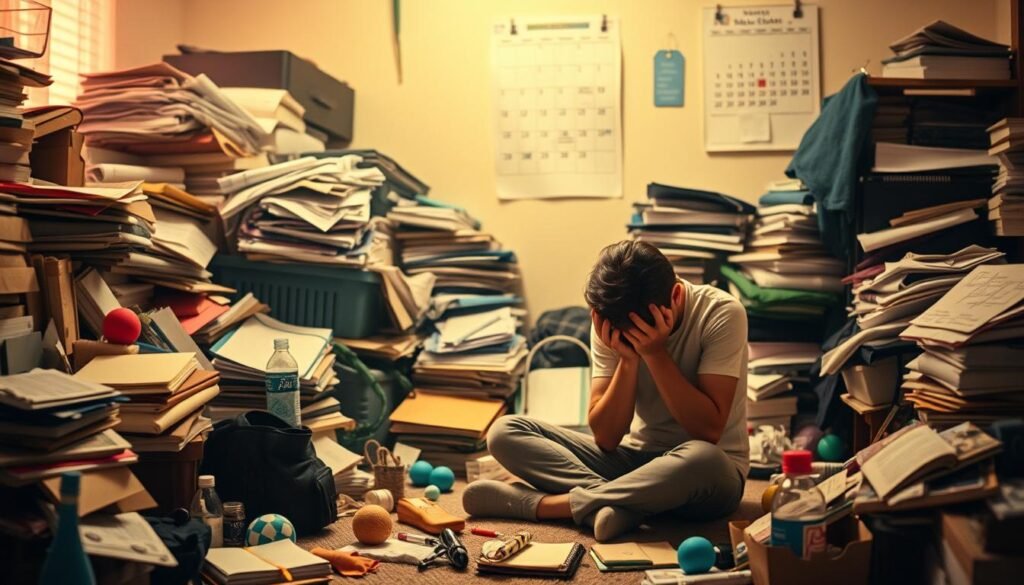 A cluttered room with disorganized piles of items, reflecting the challenges of maintaining self-care rituals for someone with ADHD or anxiety. Soft, warm lighting casts a hazy glow, creating a sense of overwhelm. In the foreground, a person sits cross-legged on the floor, head in hands, looking stressed and defeated. The middle ground features various self-care items like a journal, water bottle, and stress ball, scattered haphazardly. The background shows a calendar on the wall, indicating the passage of time and the difficulty of establishing consistent habits. The overall atmosphere conveys the emotional turmoil and sense of being trapped in a cycle of good intentions and self-care challenges.