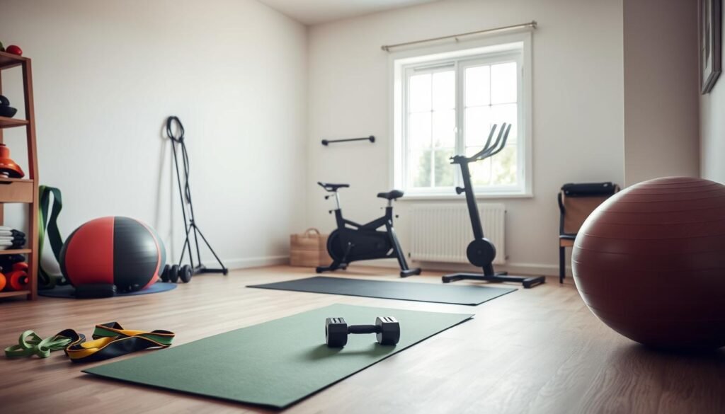 A cozy home gym setup with a variety of cost-effective fitness equipment arranged in a well-lit, minimalist space. In the foreground, a yoga mat and a set of resistance bands, dumbbells, and a stability ball. In the middle ground, a simple wall-mounted pull-up bar and a foldable exercise bike. The background features a large window allowing natural light to flood the room, creating a warm and inviting atmosphere. The overall scene conveys a sense of practicality, functionality, and a commitment to a healthy, active lifestyle without the need for an expensive gym membership.