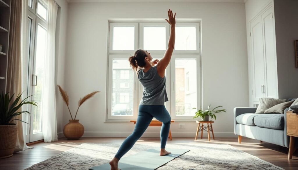A cozy home setting with a person practicing yoga or light exercises in the foreground, natural daylight streaming through large windows in the middle ground, and minimal, calming decor in the background. The model should convey a sense of privacy, comfort, and focus, with a serene and relaxed atmosphere. Use a medium-range, slightly wide-angle lens to capture the full scene. Emphasize soft, warm lighting and muted tones to create a peaceful, inviting ambiance.