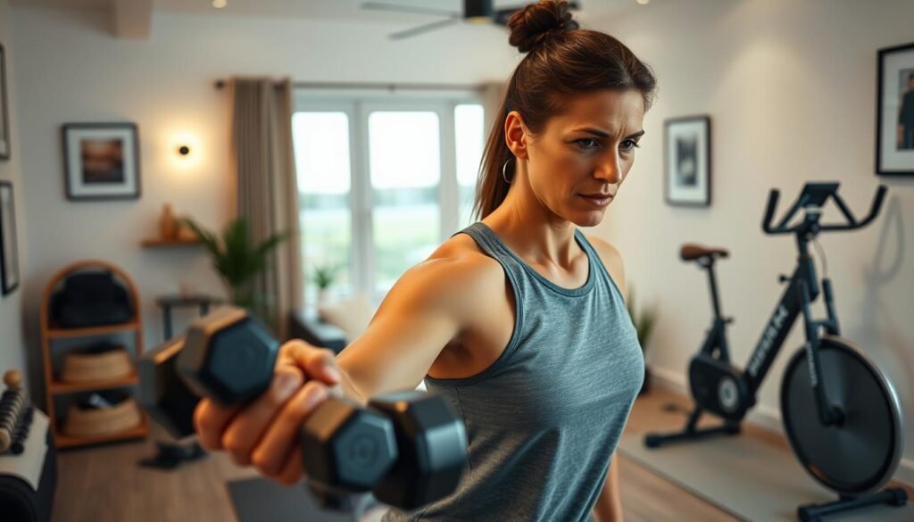 A cozy, well-lit home gym filled with a variety of exercise equipment - sleek dumbbells, a sturdy exercise mat, and a stationary bike. In the foreground, a person performing high-intensity interval training, their expression focused and determined. The middle ground showcases a window with a serene outdoor view, while the background features minimalist decor and a soothing color palette, creating a calming, motivating atmosphere. The lighting is soft, warm, and flattering, capturing the benefits of working out at home - convenience, privacy, and a personalized fitness experience.
