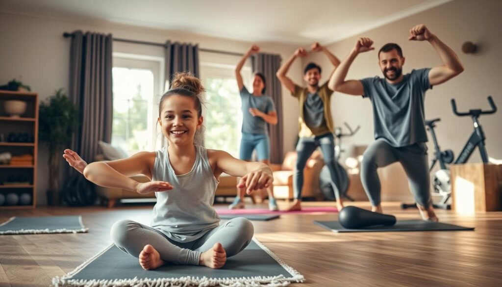 A joyful family gathered in a cozy living room, engaging in a variety of at-home exercises. In the foreground, a mother and her young daughter perform gentle stretches on plush yoga mats, their expressions serene. In the middle ground, a father and son energetically move through a series of high-intensity bodyweight exercises, their faces flushed with determination. The background features a well-equipped home gym setup, with dumbbells, resistance bands, and a stationary bike, all bathed in warm, natural lighting that filters in through large windows. The overall scene conveys a sense of togetherness, health, and the benefits of an active lifestyle shared within the family.