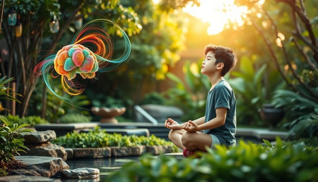A serene garden oasis with a young person sitting cross-legged, eyes closed in meditative focus. The foreground features lush greenery, calming water features, and soothing natural textures. In the middle ground, a visual representation of ADHD and anxiety manifests as abstract swirls of color and energy, balanced by the tranquil surroundings. The background depicts a soft, warm lighting reflecting the connection between self-care and mental wellbeing. The overall composition conveys a sense of inner peace, mindfulness, and the harmonious integration of ADHD and anxiety into a holistic self-care practice.