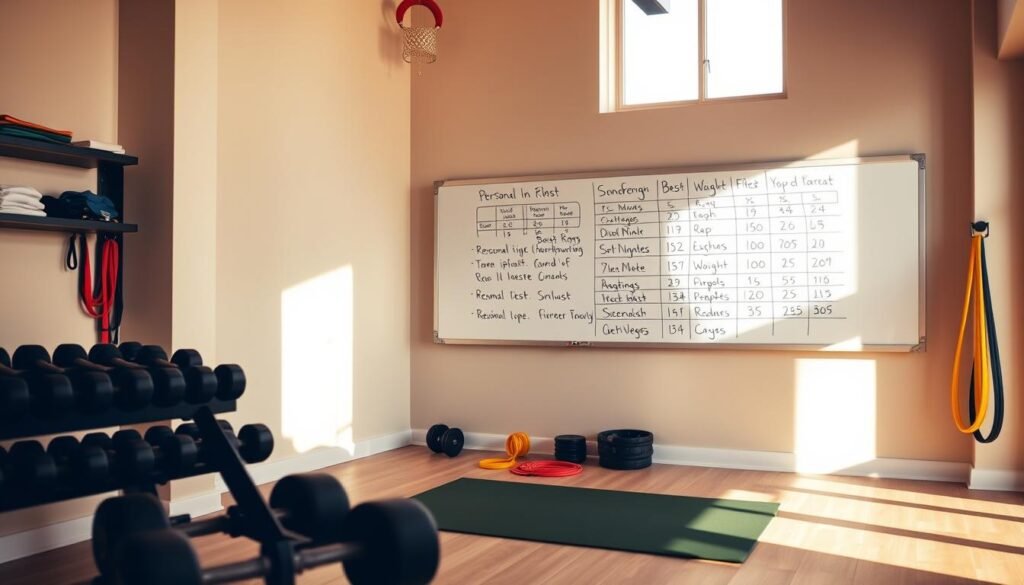 A sun-drenched home gym, with a sleek whiteboard displaying meticulously tracked workout progress. Dumbbells, resistance bands, and a yoga mat neatly arranged, creating a sense of order and discipline. The whiteboard showcases a grid of personal bests, weight lifted, and reps completed, capturing the journey of fitness transformation. Warm, natural lighting filters through large windows, casting a motivating glow over the space. A sense of pride and accomplishment radiates from the scene, inspiring the viewer to embark on their own path to wellness.