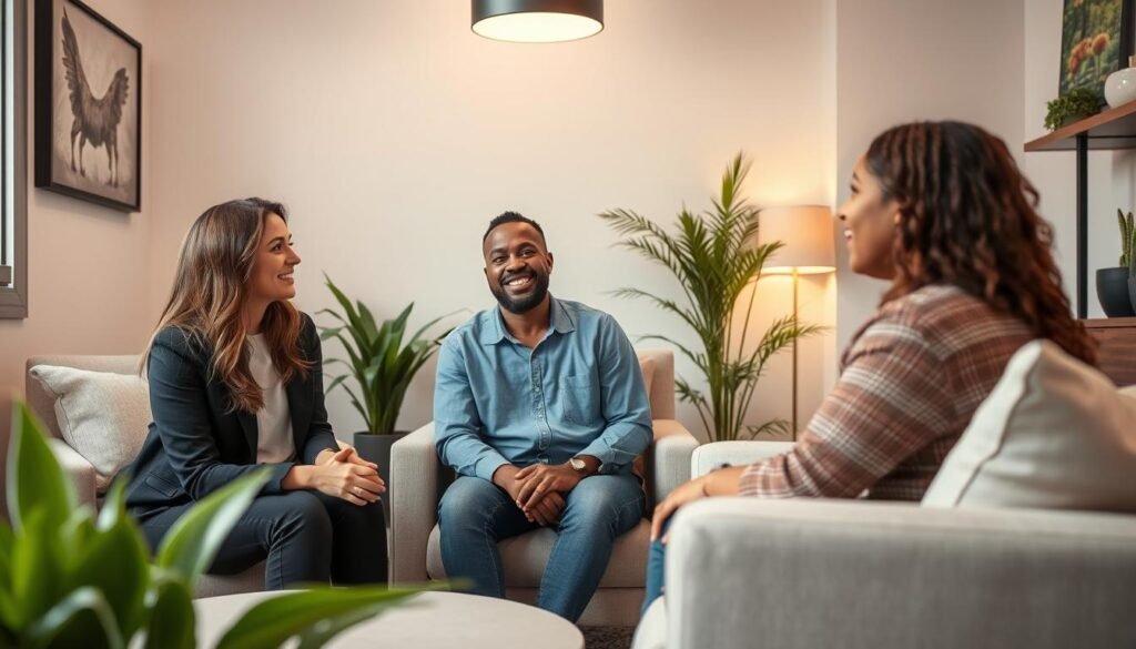 A therapist in a comfortable office setting speaking with a couple about sex therapy