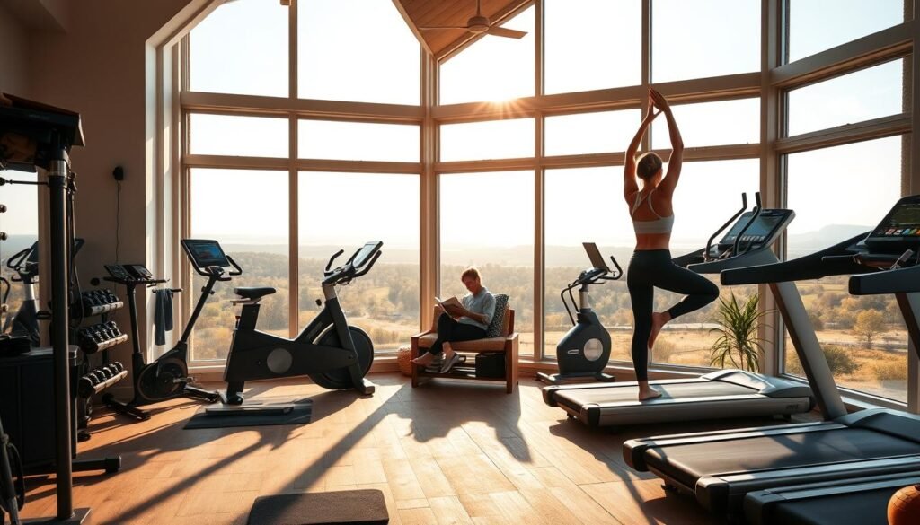 A well-equipped home gym with state-of-the-art fitness equipment, including a treadmill, stationary bike, and free weights. The space is bathed in warm, natural lighting from large windows, creating a serene and inviting atmosphere. In the foreground, a person performs a yoga pose, their movements graceful and focused. The middle ground features a cozy reading nook, where a person is engrossed in a book, underscoring the versatility and convenience of working out at home. The background showcases a panoramic view of a tranquil, outdoor landscape, further emphasizing the sense of balance and harmony between indoor and outdoor activities.