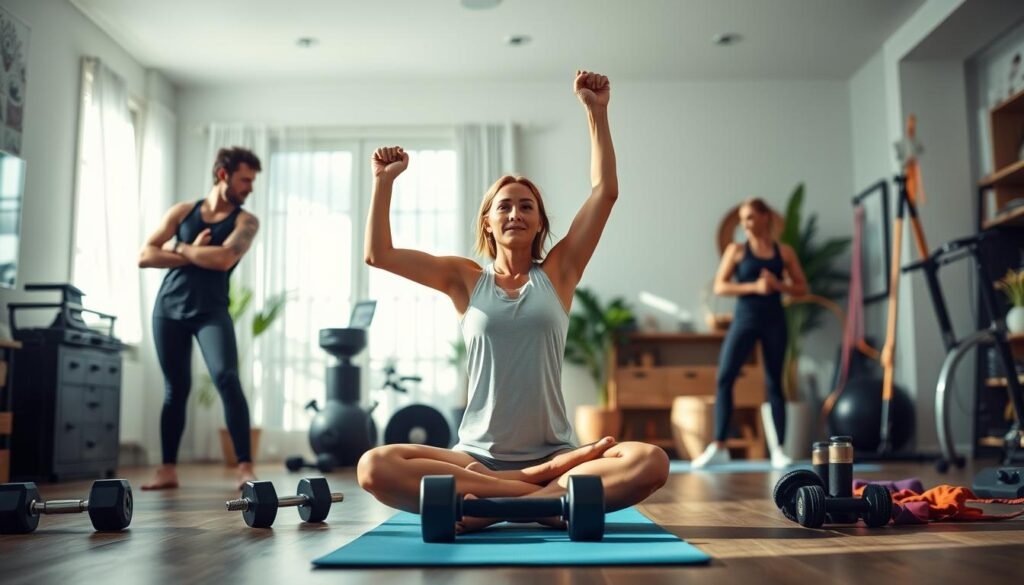 A well-lit home gym setting, with a person performing a variety of at-home exercises like yoga, strength training, and cardio. The scene showcases the health benefits of working out at home - increased energy, improved flexibility, and better overall fitness. The middle ground features a variety of exercise equipment like dumbbells, resistance bands, and a yoga mat. The background has a serene, minimalist decor with natural elements like plants, creating a calming atmosphere. Soft, natural lighting illuminates the scene, highlighting the person's focused expression and the functional, high-quality home gym setup.