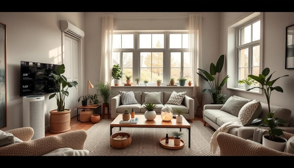 Comprehensive home wellness environment setup showing multiple products working together