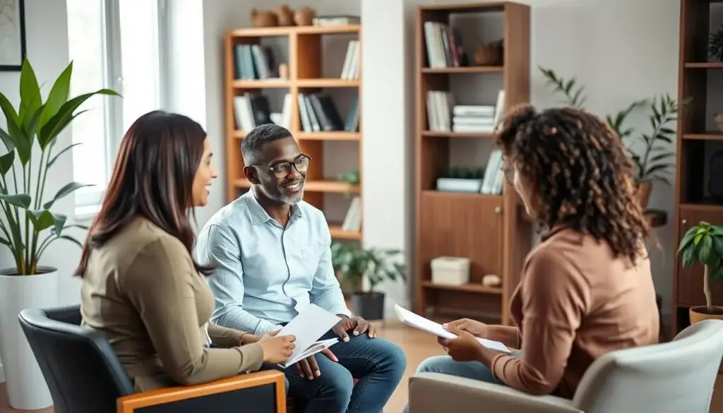 Couple sitting with therapist during couples therapy session
