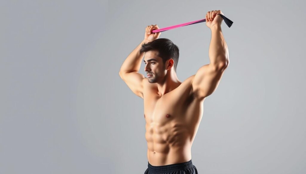 Demonstration of overhead tricep extension with resistance band for arm toning