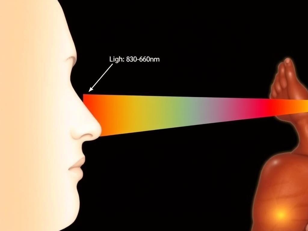 Diagram showing different light wavelengths penetrating skin at various depths