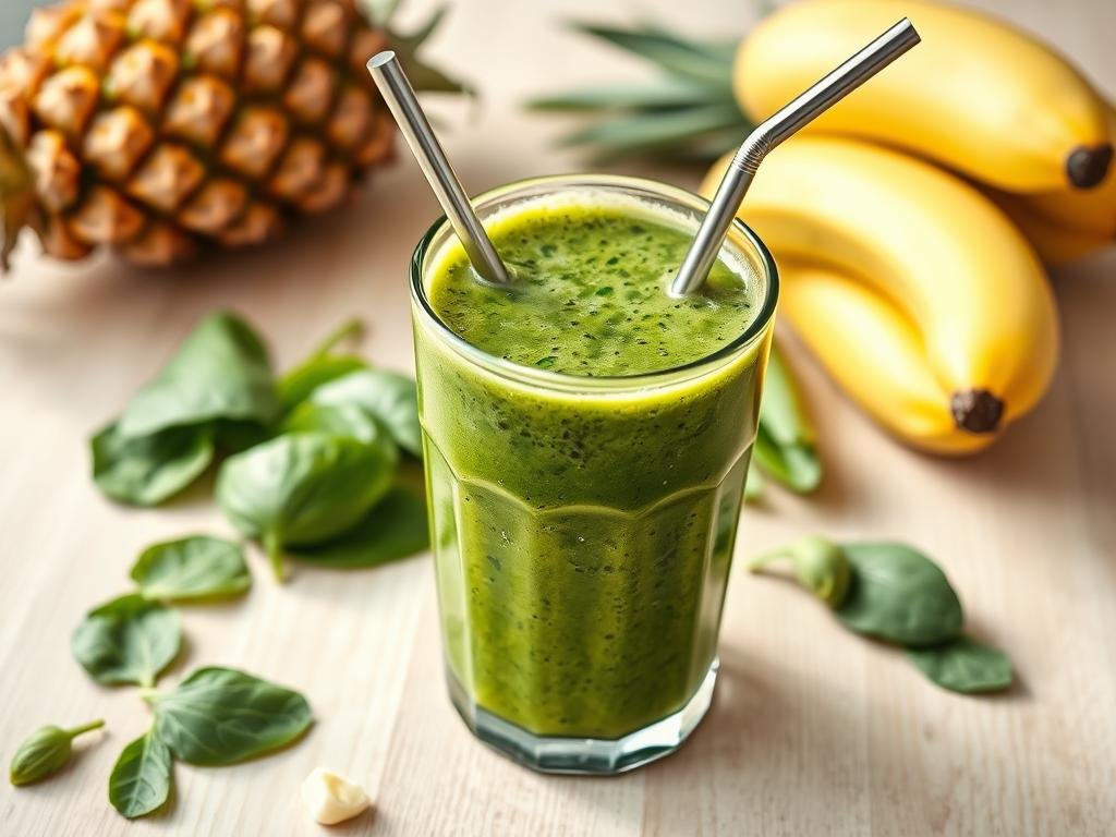 Green Energizer Smoothie with spinach, pineapple and banana for busy mornings